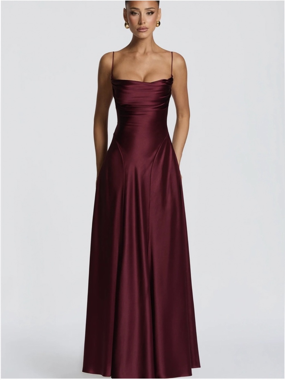 Sleeveless Burgundy Satin Cowl Maxi Dress